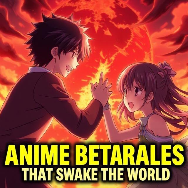 Anime Betrayals Illustration of two anime characters high-fiving passionately against a fiery sunset.