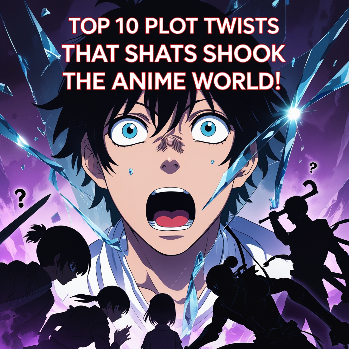 Shocked anime character surrounded by shattered glass and dramatic lighting, with bold red text reading 'Top 10 Plot Twists That Shook the Anime World'. Background features lightning, question marks, and silhouettes of iconic anime figures like a ninja and a mech robot. Designed for a viral anime blog post promotion