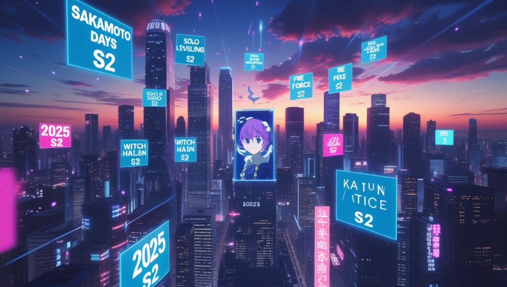 Collage of top 10 new anime of 2025 including Sakamoto Days, Solo Leveling Season 2 and Fire Force Season 3 in futuristic cityscape